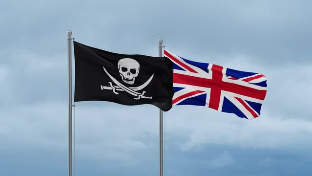United Kingdom and Corsair flag waving together on cloudy sky, endless seamless loop, two country cooperation concept