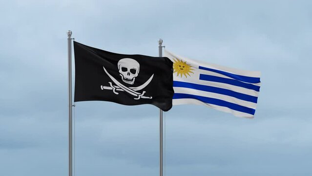 Uruguay and Corsair flag waving together on cloudy sky, endless seamless loop, two country cooperation concept