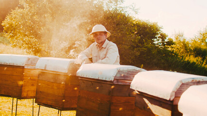 Portrait of attractive professional male beekeeper wearing special clothes looking at camera...