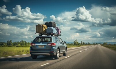 Car Journeying Through Countryside with Rooftop Luggage