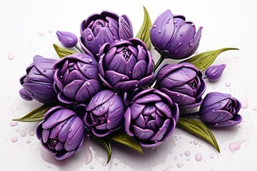 Fototapeta premium Polymer clay purple tulips black floral bouquet with rain drops on each petal