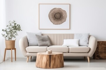 A living room with a couch and a table. Scandinavian home interior design of modern living home.