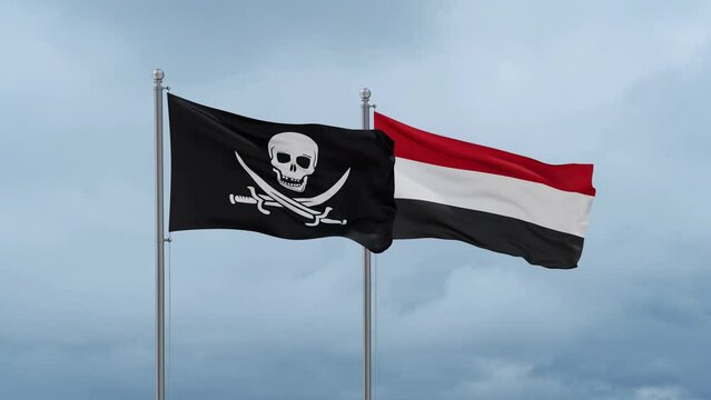 Yemen and Corsair flag waving together on cloudy sky, endless seamless loop, two country cooperation concept