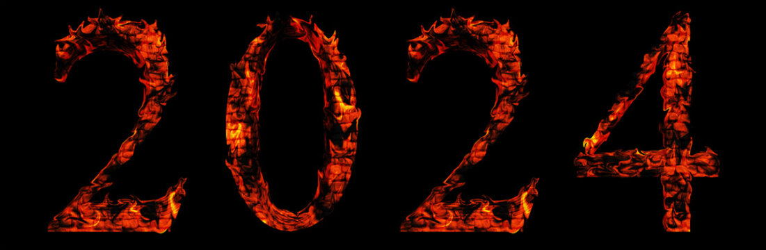Concept or conceptual 2024 year made of burning font on black background. An abstract 3D illustration as a  metaphor for future, incertitude, economy, crisis, investment  and business