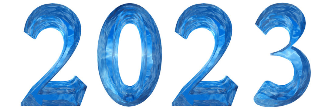 Concept or conceptual 2024 year made of  blue ice font isolated on white background. An abstract 3D illustration as a  metaphor for future, celebration, nature,  environment, ecology and climate