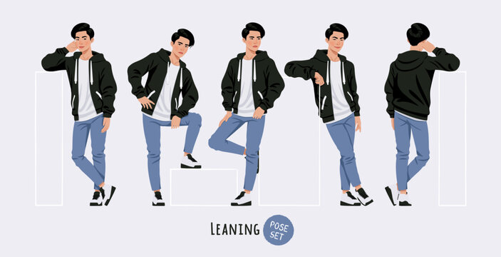 Asian guy, korean narrow eye slim man leaning relax, stand pose set. Wearing cute hoodie, jeans casual outfit. Fashion beauty industry male idol, good-looking K-pop boy. Cartoon character illustration