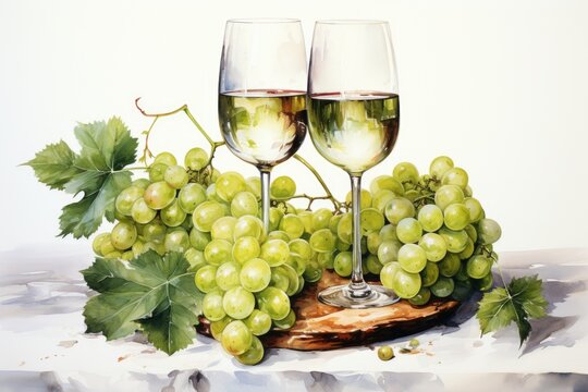 Set of white watercolor grapes and wine isolated on white. AI Generated
