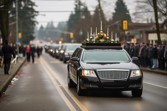 a funeral procession with a hearse rides down the street