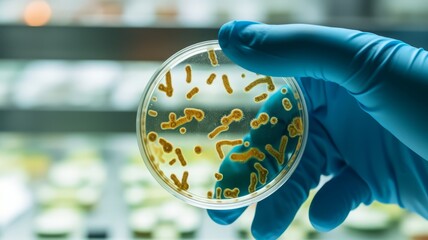 A person holds a petri dish holding bacteria inside of it, Biology, science, medicine. Microbiological diagnostics. Generative AI