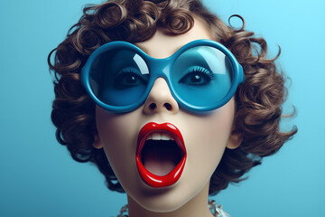 a girl with glasses with her mouth open on a blue background