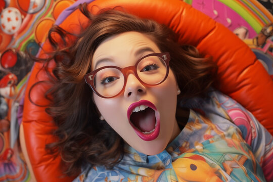 Girl in bed with her mouth open, top view