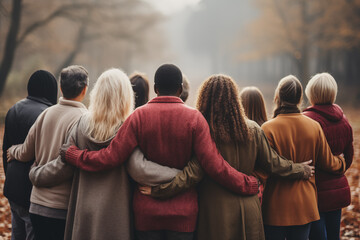 A group of people hug each other