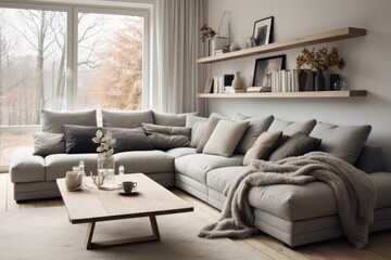 A living room filled with furniture and a large window. Scandinavian home interior design of modern living home.
