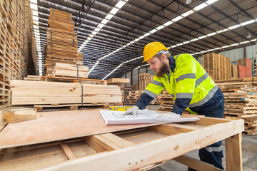 Fototapeta premium Woodworkers review blueprint, choose eco-friendly material, follow scheme for high quality assembly