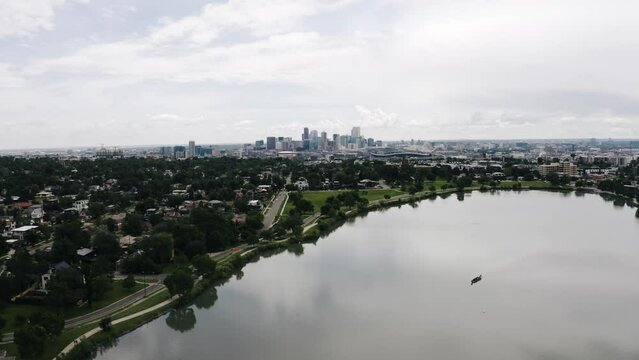 Drone shot of the Sloan's Lake shoreline in Denver, Colorado.