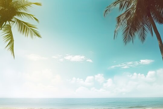 Beach with palm trees and ocean in the background with rays of the sun in the sky overhead,