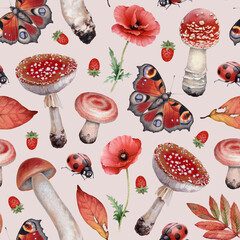 Hand painted botanical pattern design with illustrations of forest nature. Cottegecore style. Perfect for prints, fabrics, wallpapers, apparel, home textile, packaging design, posters, stationery - 687984384