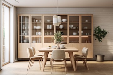 Fototapeta premium A dining room with a table and chairs. Scandinavian home interior design of modern living home.