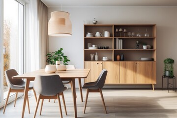 Fototapeta na wymiar A dining room with a table and chairs. Scandinavian home interior design of modern living home.