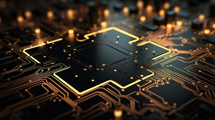 Circuit board digital technology background. Abstract golden light lines luxury on black background. generative AI