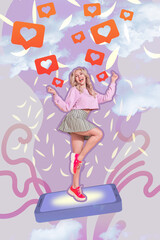 Artwork magazine collage picture of lucky excited lady getting many social media likes isolated drawing background