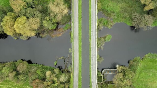 View Of The Leinster Aqueduct In Grand Canal Crosses The River Liffey Near Sallins, County Kildare In Ireland. Aerial Shot
