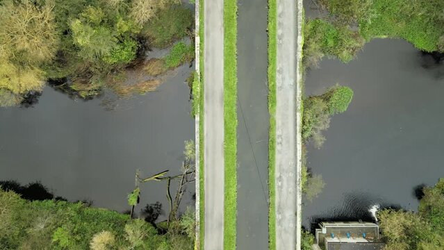 Bird's Eye View Of Grand Canal, Leinster Aqueduct Over River Liffey Near Sallins, County Kildare, Ireland. 