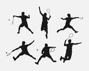set of silhouettes of athletes or male badminton players. isolated on white background. graphic vector illustration.