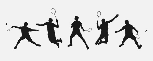set of silhouettes of athletes or male badminton players. isolated on white background. graphic vector illustration. - obrazy, fototapety, plakaty