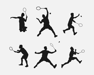 set of silhouettes of athletes or male badminton players. isolated on white background. graphic vector illustration.