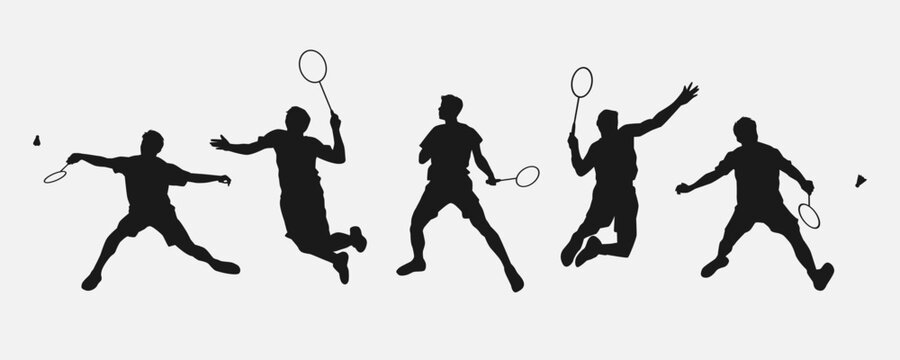 set of silhouettes of athletes or male badminton players. isolated on white background. graphic vector illustration.