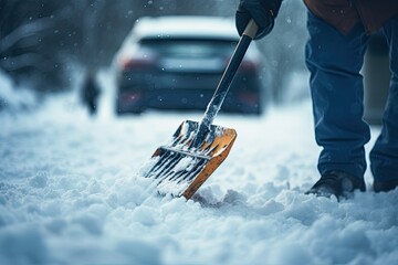 A man shovels snow in snowy weather. Close-up. Without a face