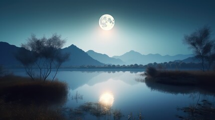 Fototapeta na wymiar Lake landscape in the evening with Soft moon, dark blue, and light aquamarine color. Romantic and charming landscape lake view