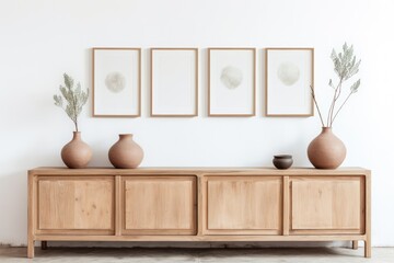 Three vases are sitting on a wooden cabinet. Scandinavian home interior design of modern living home.