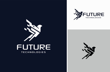 Futuristic Flying Modern Android Bird. Digital Robot Eagle Falcon Hawk Logo Design