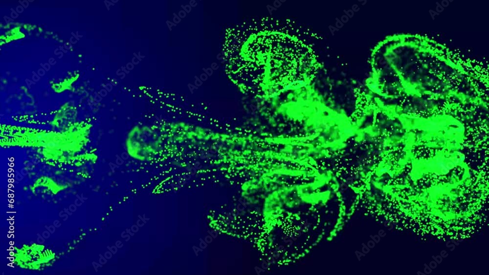 Poster green fluid particle dots are flowing in the animated video. animation of glowing fluid particles fl