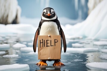 A penguin standing on a block of ice holding a sign that says HELP. - obrazy, fototapety, plakaty