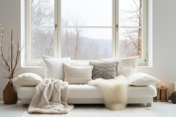 Fototapeta premium A living room with a white couch and a window. Scandinavian home interior design of modern living home.
