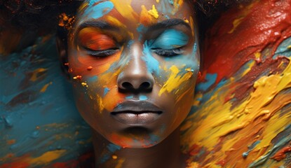 Female model with colorful paint on her face.