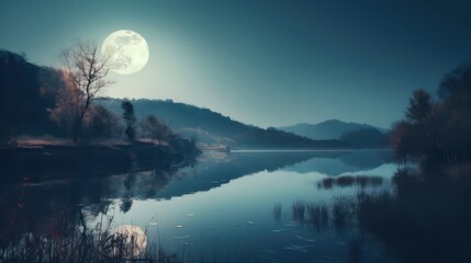 Lake landscape in the evening with Soft moon, dark blue, and light aquamarine color. Romantic and charming landscape lake view