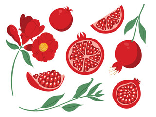 Set with pomegranate fruits, slices, leaves and flower in hand drawn flat design, isolated vector illustrations