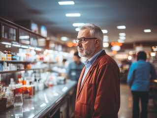 Fototapeta premium Elderly man looking for medicine in a pharmacy