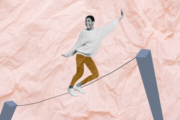 Collage image magazine artwork of funny transgender woman standing going tightrope high above abyss balancing isolated on beige background