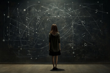 a girl in front of a large blackboard - obrazy, fototapety, plakaty