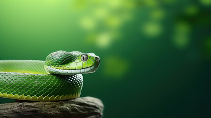 Front view of snake on green background. Wild animals banner with copy space