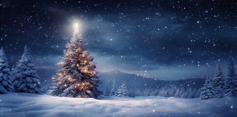 Christmas tree with a glowing top inside a winter landscape at night.