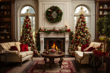 fireplace home interior with christmas decorations