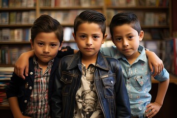 three boys standing together with serious look in library, rebel kids gangster look, vintage naughty childhood old memories, Generative Ai - obrazy, fototapety, plakaty
