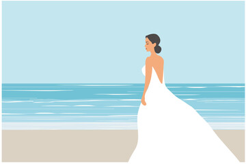 Fototapeta na wymiar Beautiful woman in white dress on the beach vector illustration. Summer holidays beach and lonliness concept