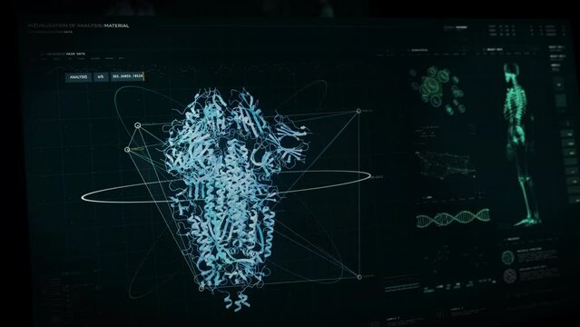 Molecular Protein Structure Bio Material Scan By Modern Medical Software. Innovative Covid-19 Scanning Interface Analyzes Molecular Structure. Infectious Virus Structure Scanned By Digital Interface